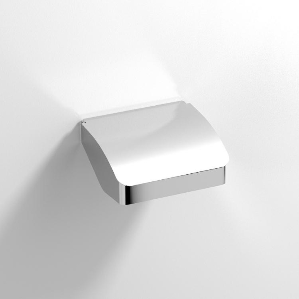 Close up product image of the Origins Living S Cube Chrome Toilet Roll Holder with Flap